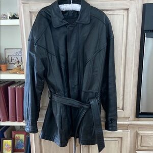 Black Leather Belted Jacket Urban Cowboy sz L vintage